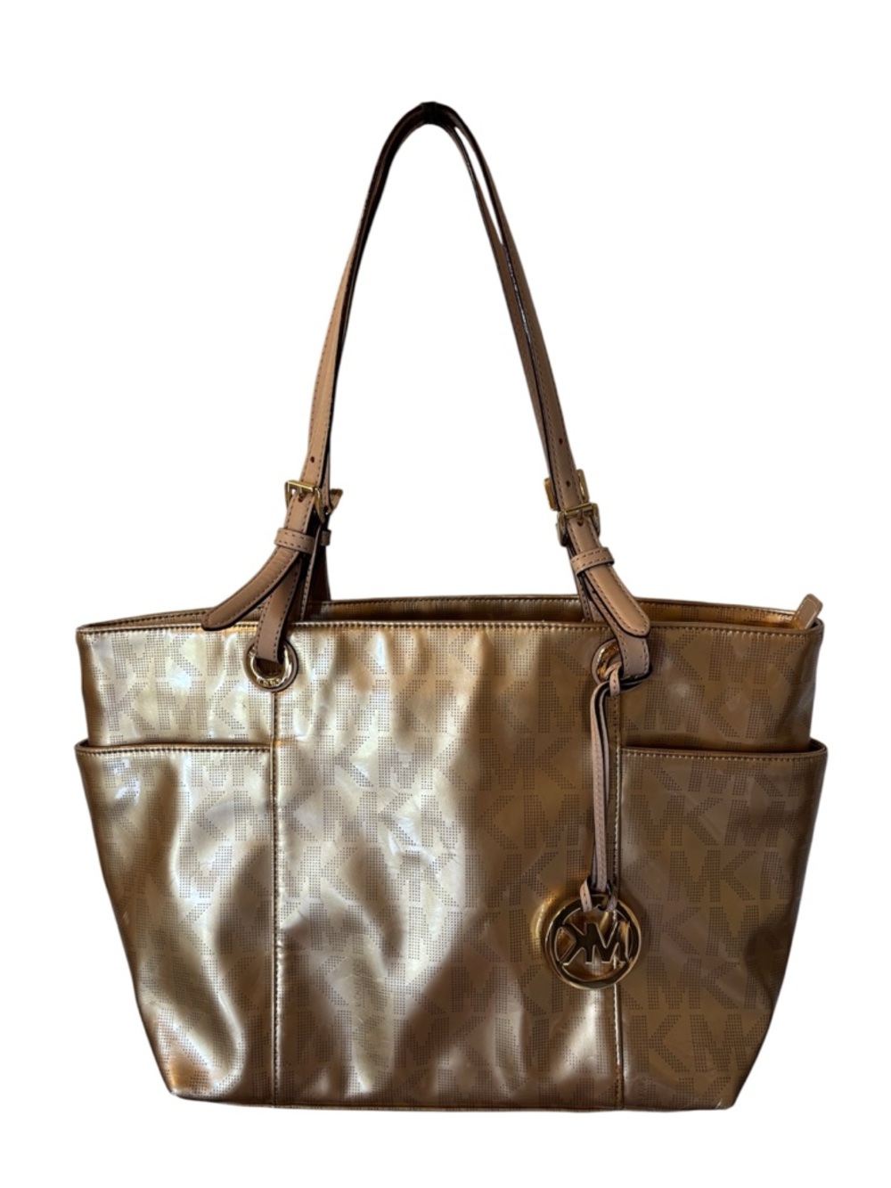 Michael Kors Gold Signature Metallic/Mirrored Jet Set East West Tote M-L Purse